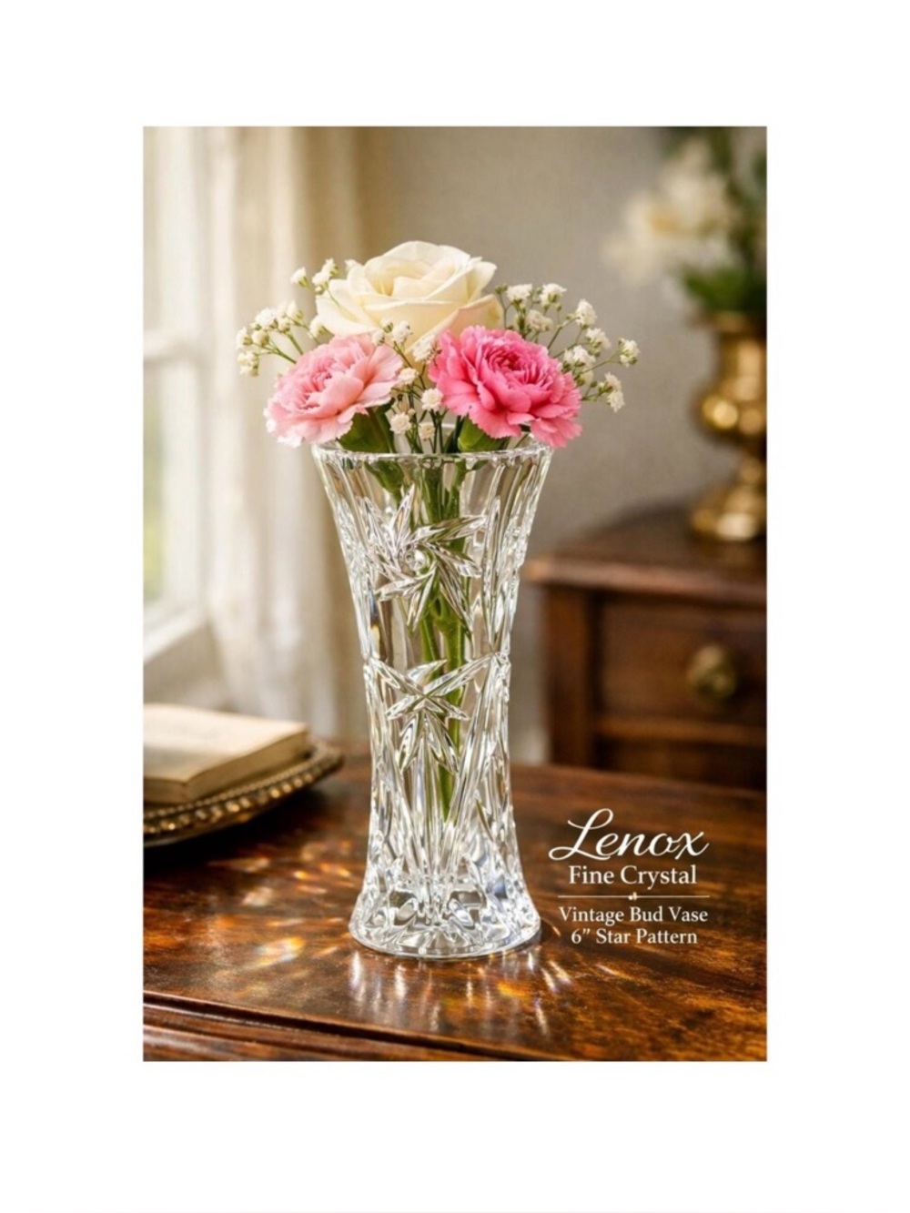 Lenox Crystal Star Vase Starburst Cut Geometric Top Rim 6" Tall Flare Rim‎